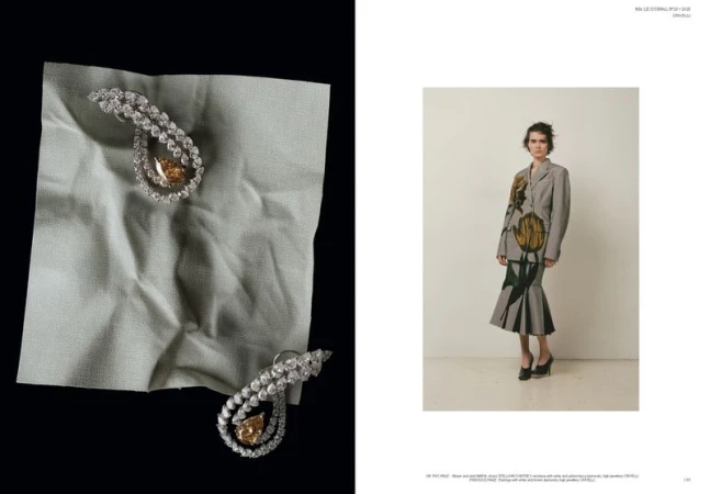 Editorial magazine spread featuring Crivelli diamond earrings on textured fabric beside model Elen Giunio in a floral suit.