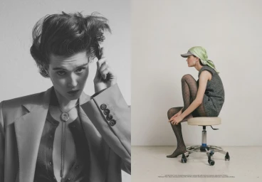 Diptych fashion editorial featuring a model combing her hair in a blazer beside a full-length shot seated in a green headscarf.