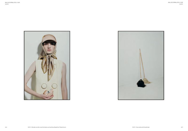 Fashion editorial shot of a model wearing a cap and scarf, holding a nautilus shell, with a second image of two feather dusters.