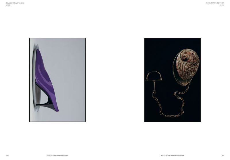 Fashion magazine product shots featuring a purple high heel shoe and a golden horse bit and chain on a white background.