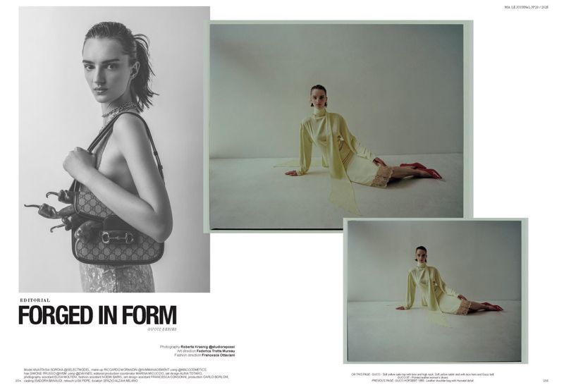 Editorial fashion shot features a woman with a Gucci bag and another image of a woman in a yellow dress on a white background.