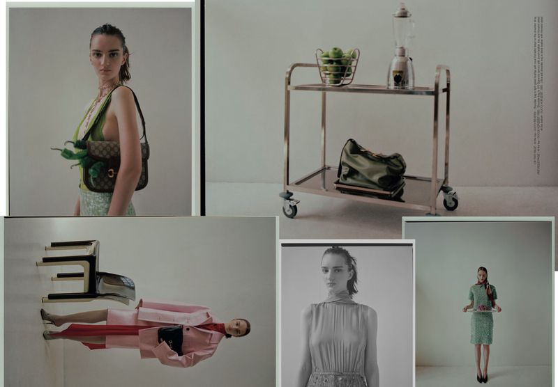 Collage of fashion photography featuring women modelling dresses and accessories, and a rolling bar cart with a blender.