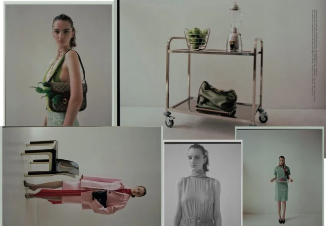 Collage of fashion photography featuring women modelling dresses and accessories, and a rolling bar cart with a blender.
