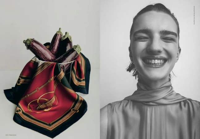 Black and white portrait of smiling woman juxtaposed with still life of eggplants in bowl with designer scarf in a white setting.