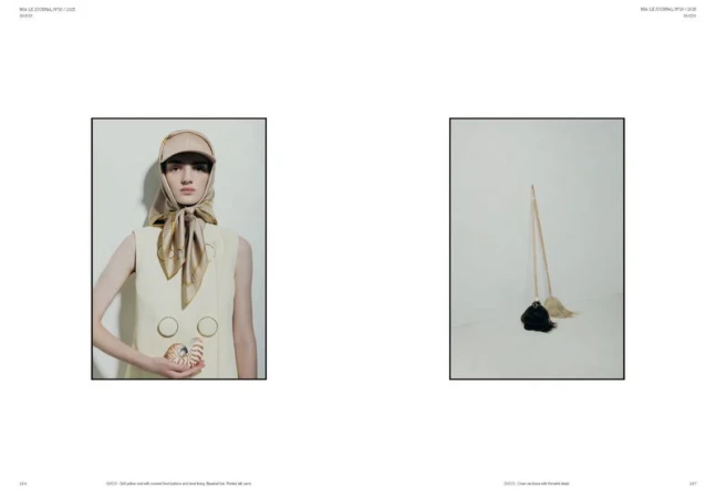 Editorial magazine spread showing a model in a silk headscarf and visor holding a seashell beside a minimalist still life.