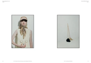 Editorial magazine spread showing a model in a silk headscarf and visor holding a seashell beside a minimalist still life.