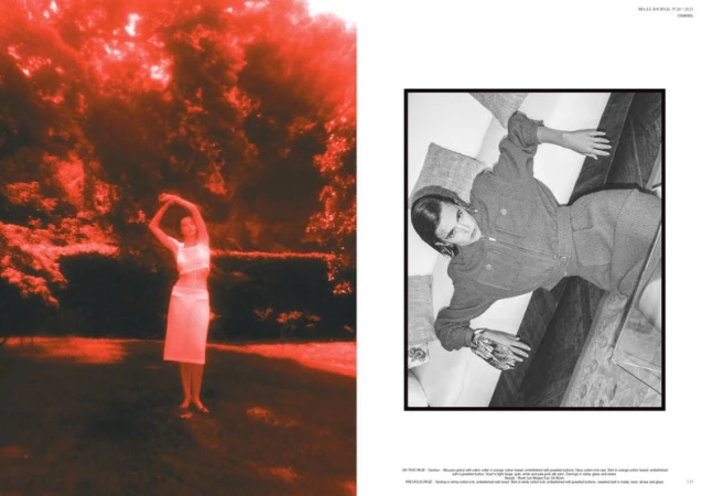 Fashion editorial shot of a woman in a two-piece outfit standing in a yard with trees, and a woman in a monochrome jumpsuit.