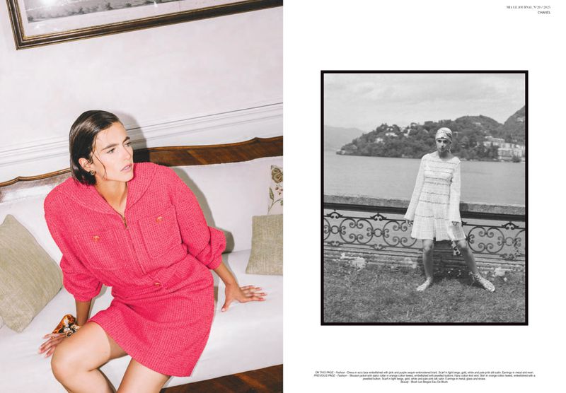 Fashion editorial shot: A woman in a pink dress sits on a white couch; a black and white photo insert features a woman by a lake.
