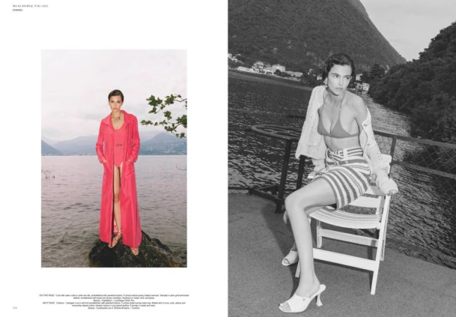 Two fashion shots: A woman poses in a pink coat on a rocky shore, contrasted with another woman seated near a lake.
