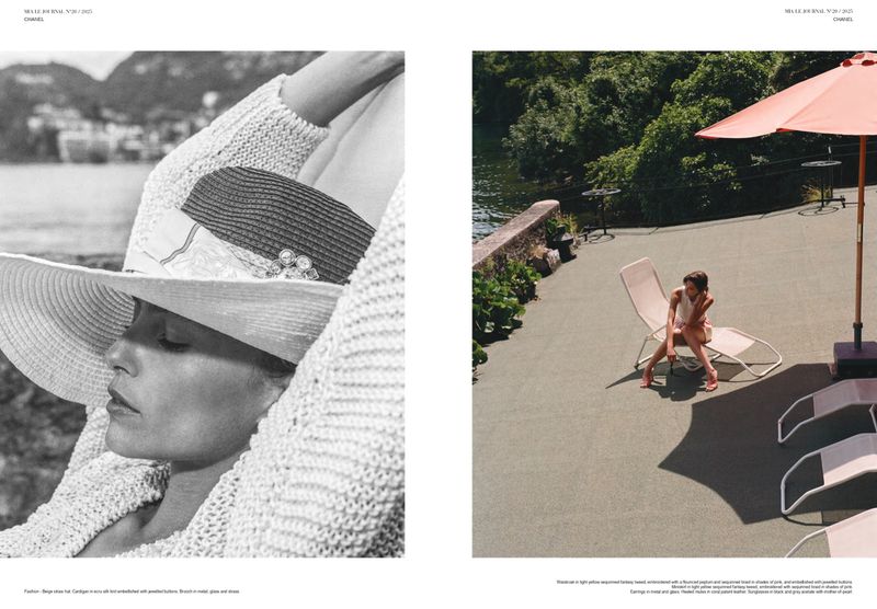 Fashion editorial shows woman in straw hat and knit cardigan in black and white, and woman in dress on patio with umbrella in color.