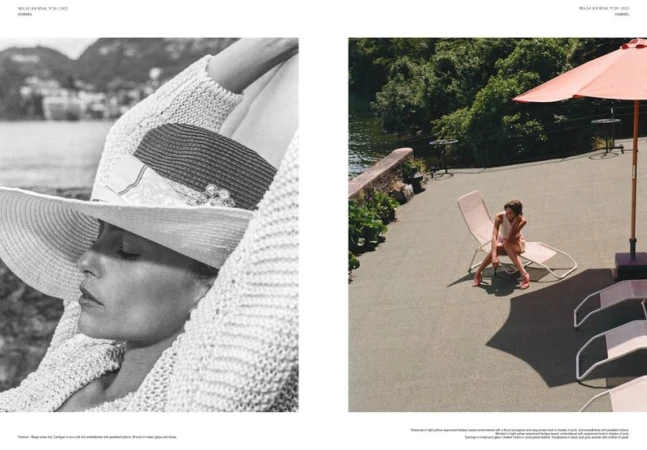 Fashion editorial shows woman in straw hat and knit cardigan in black and white, and woman in dress on patio with umbrella in color.