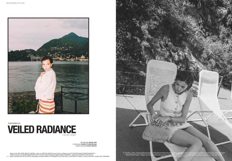 Editorial fashion shot with a woman posing in front of a lake and mountain landscape in color, and a woman seated in black and white.