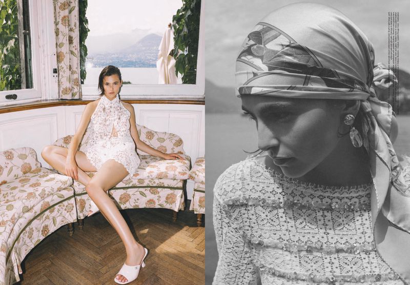 Fashion shot: a woman in a white lace dress is sitting on a floral couch indoors with a lakeside view; another woman is in B&W, wearing headscarf and earrings.