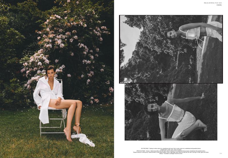A woman in a white shirt sits on a chair in a green garden with white flowers, accompanied by two black and white inset images.