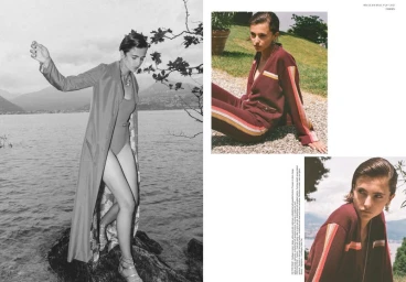 Editorial collage featuring a woman by a lake and seated outdoors wearing a track jacket for Mia Le Journal