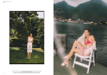 Editorial double-page spread featuring a model posing on a lawn and seated by a lake for Mia Le Journal