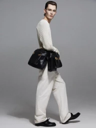 Noah Bates wearing a cream ribbed sweater, loose white trousers, and black leather bags against a grey studio backdrop.