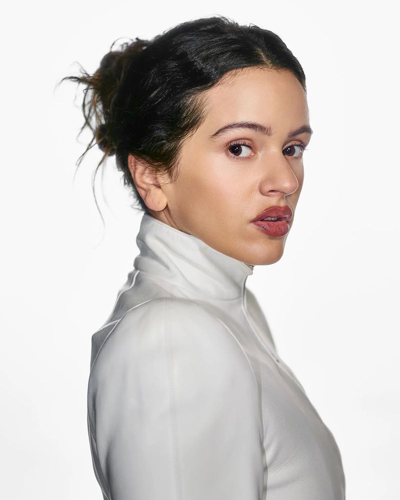 Portrait of a beautiful brunette woman with fair skin wearing a white turtle neck in a studio with a white background.