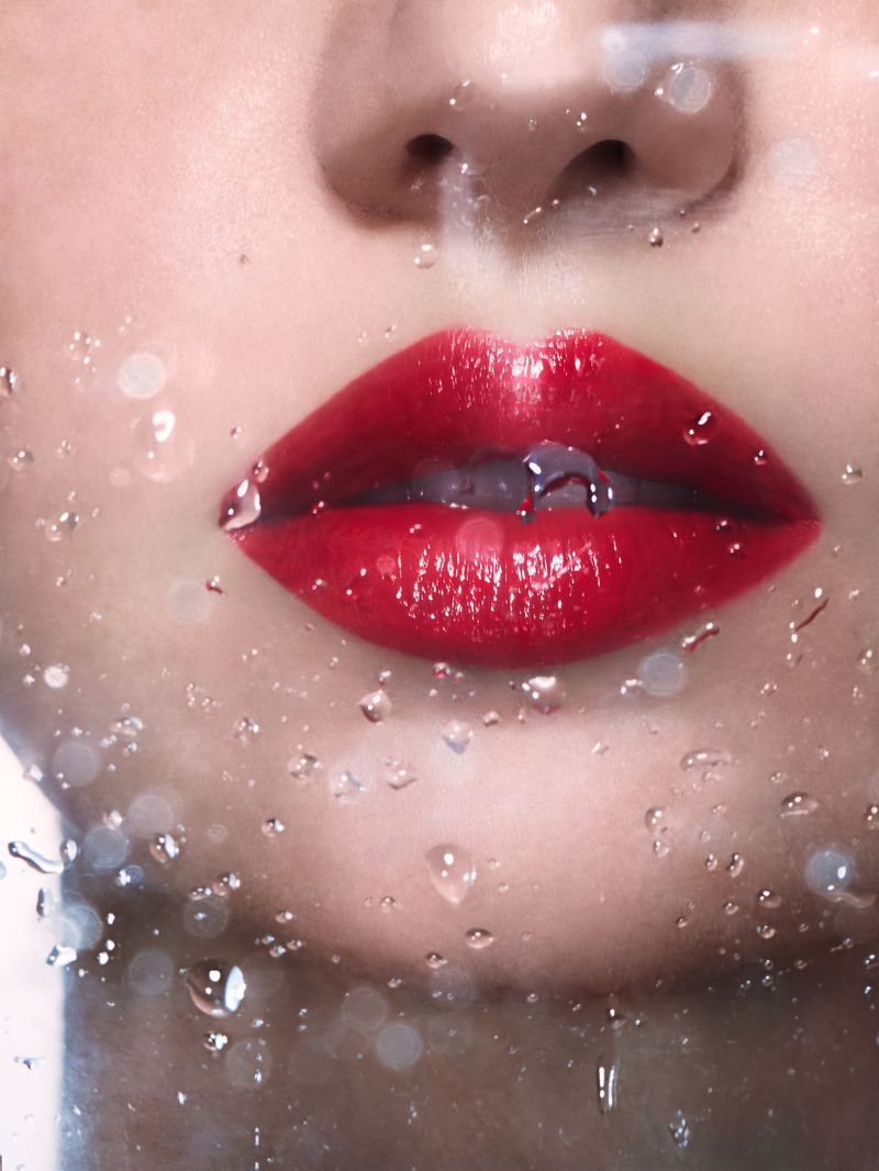 Close-up of a woman's lips wearing vibrant red lipstick seen through glass covered with water droplets.