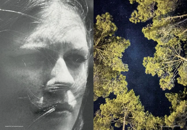 Monochromatic portrait of an adult female face contrasted with a night scene featuring treetops against a starry sky.