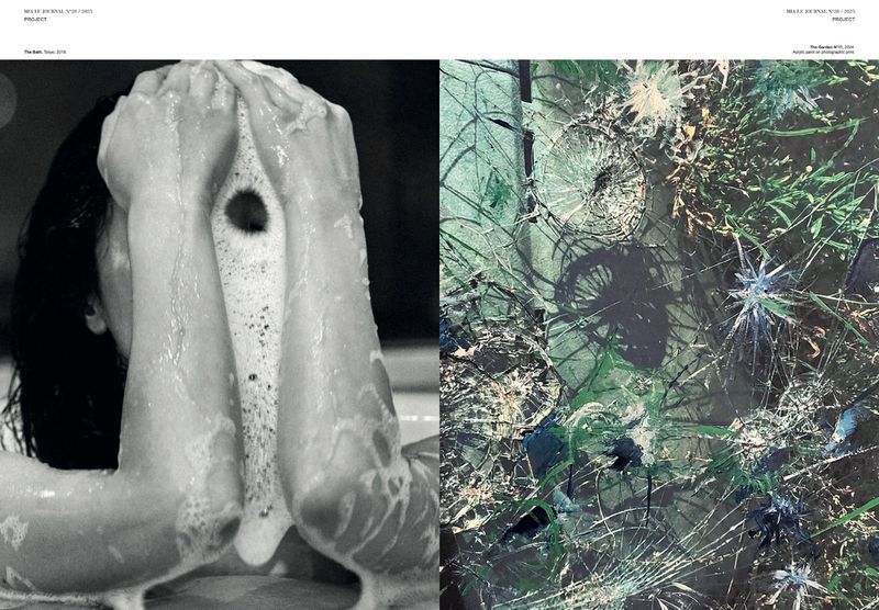 Monochrome split-screen art photograph: one side depicts a person washing, the other shows shattered glass and greenery.