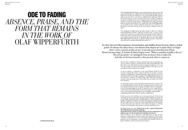 Text layout with a magazine article titled 'Ode to Fading' discussing absence, praise, and the work of Olaf Wipperfürth.