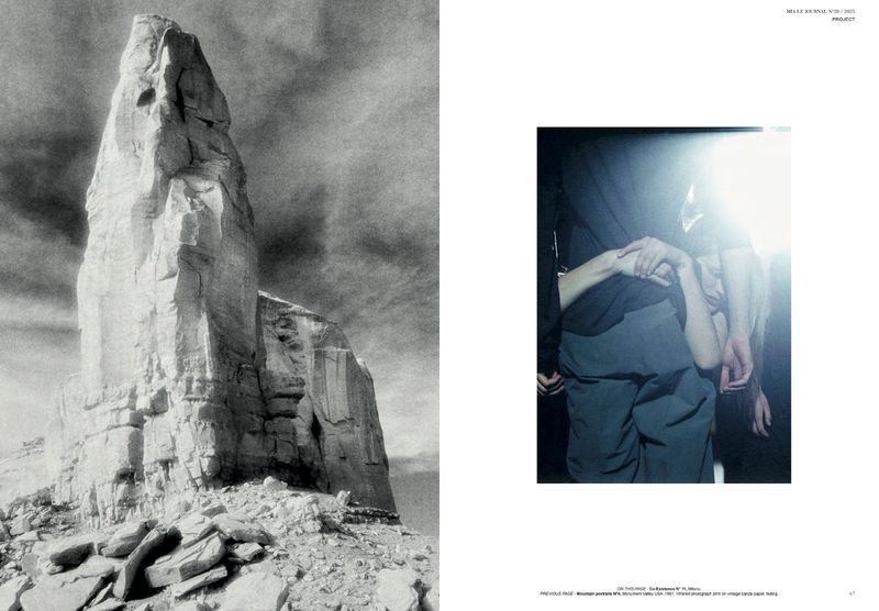 Editorial magazine spread featuring a black and white rock monolith on the left and a color portrait with lens flare on the right.