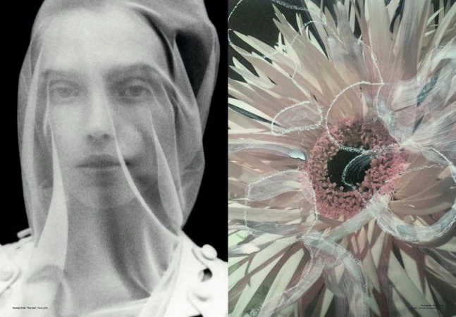 Monochrome art featuring an adult under a veil, side-by-side with an abstract flower photo illustration. Soft lighting and dark backgrounds.