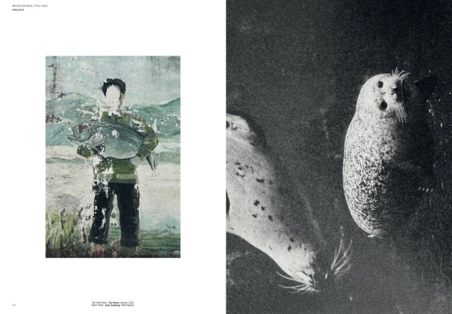 Monochrome collage featuring a fisherman holding a fish and two seals in dark water, creating a surreal and artistic composition.