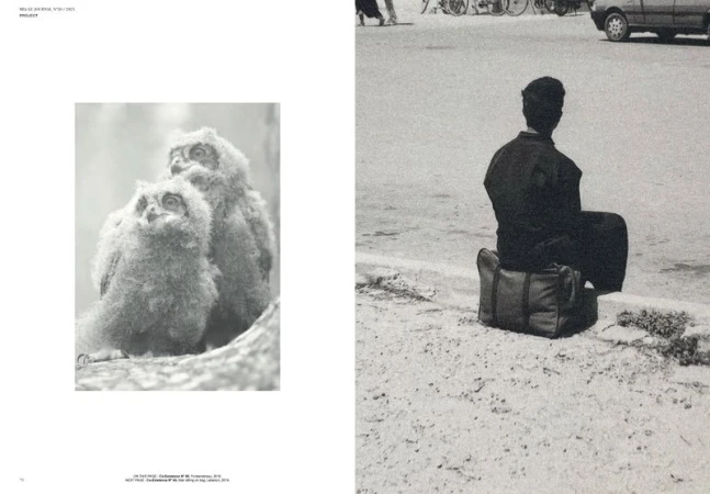 Black and white editorial magazine spread showing two fluffy owlets on the left page and a man sitting on a bag on the right page.