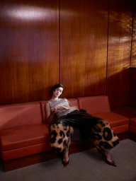 Iris Law reclining on an orange leather bench wearing leopard-trimmed wide-leg trousers in front of wood paneled walls.