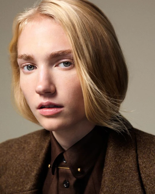 Portrait of a blonde-haired woman in a brown shirt and jacket against a neutral backdrop, focusing on fashion and natural beauty.