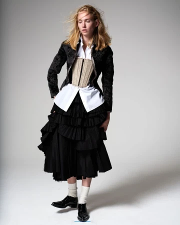 Model Tess Breeden wearing a black jacket, beige corset, white shirt, and tiered black skirt in a studio shoot.