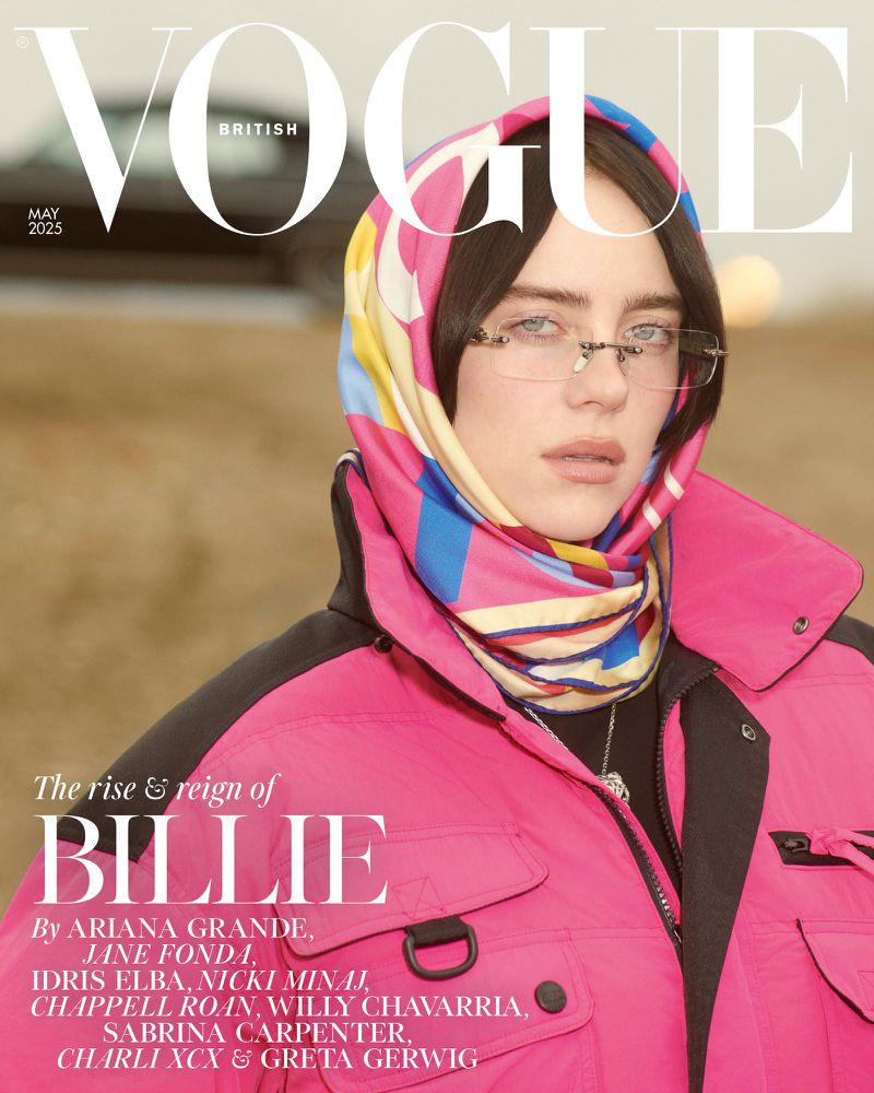 British Vogue magazine cover, May 2025 issue, featuring Billie Eilish wearing a pink jacket and patterned headscarf, posing outdoors.