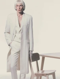 Model in an off-white tailored overcoat and matching suit standing next to a light wooden chair and table against a pale backdrop.