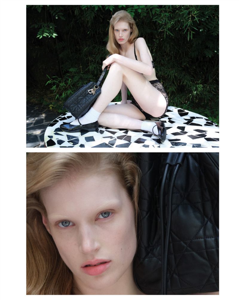 Model Jacqui Hooper in black lingerie and socks with a quilted handbag on a mosaic table, paired with a close-up portrait.