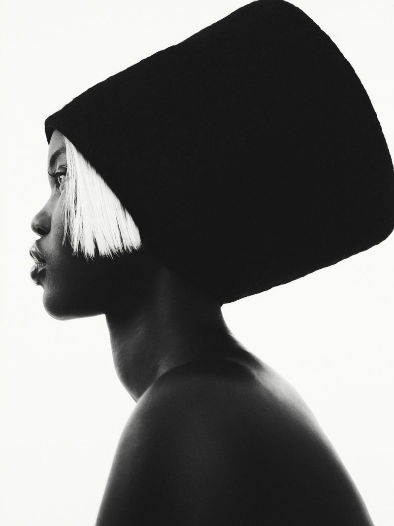Elegant studio portrait of a woman with dark skin, white hair strands, and a black head wrap against a stark white background.