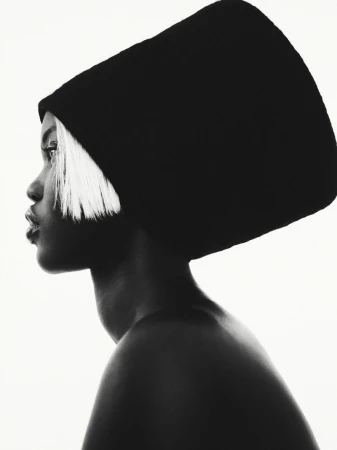 Elegant studio portrait of a woman with dark skin, white hair strands, and a black head wrap against a stark white background.
