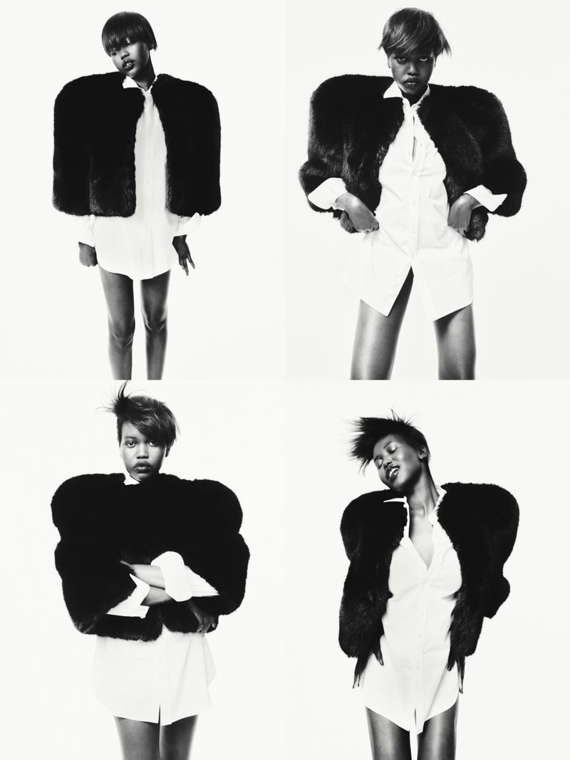 Four black and white portraits of a Black female fashion model in a white shirt and oversized black faux fur coat against a white backdrop.