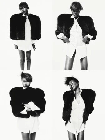 Four black and white portraits of a Black female fashion model in a white shirt and oversized black faux fur coat against a white backdrop.