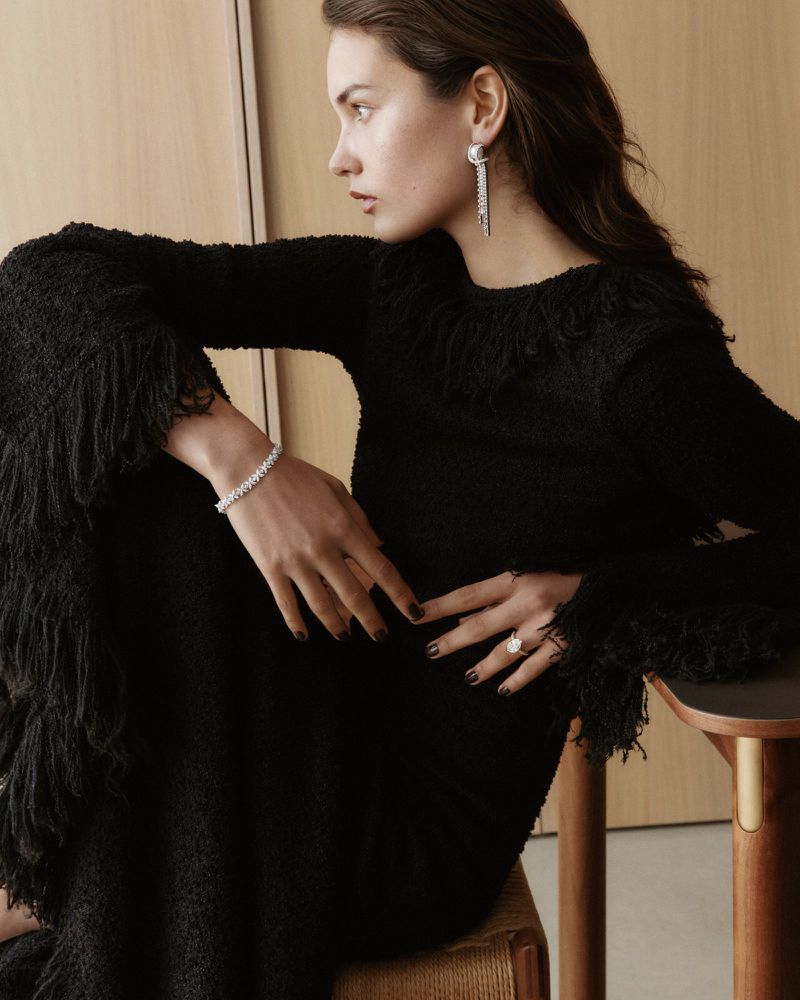 Elegant woman in a black fringe dress with jewelry posing indoors in a minimalist setting with soft, diffused lighting, looking away.