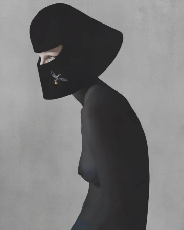 Artistic portrait of a woman with a black head covering adorned with an insect brooch, set against a plain gray backdrop.