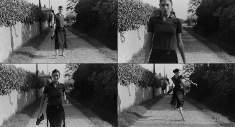 Black and white four-panel image of a model running along a country path bordered by a stone wall and hedges.