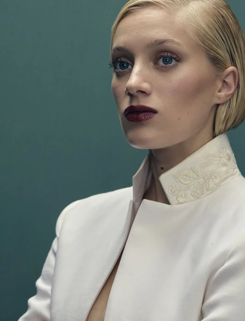 Portrait of a blonde woman with fair skin wearing a white jacket against a teal background in a beauty and fashion editorial shot.