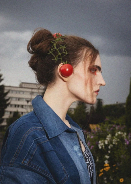 Woman in denim jacket with tomatoes in hair stands outdoors in an urban setting with cloudy sky and building in background.