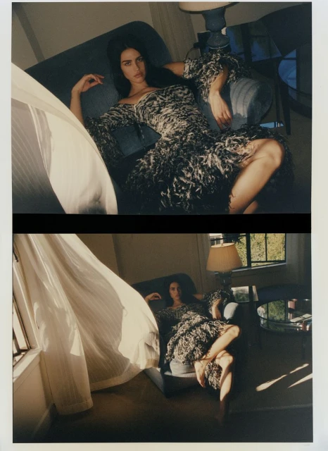 Brunette woman in a feathered dress lounging in a blue chair near a window with white curtains in a split image fashion editorial.