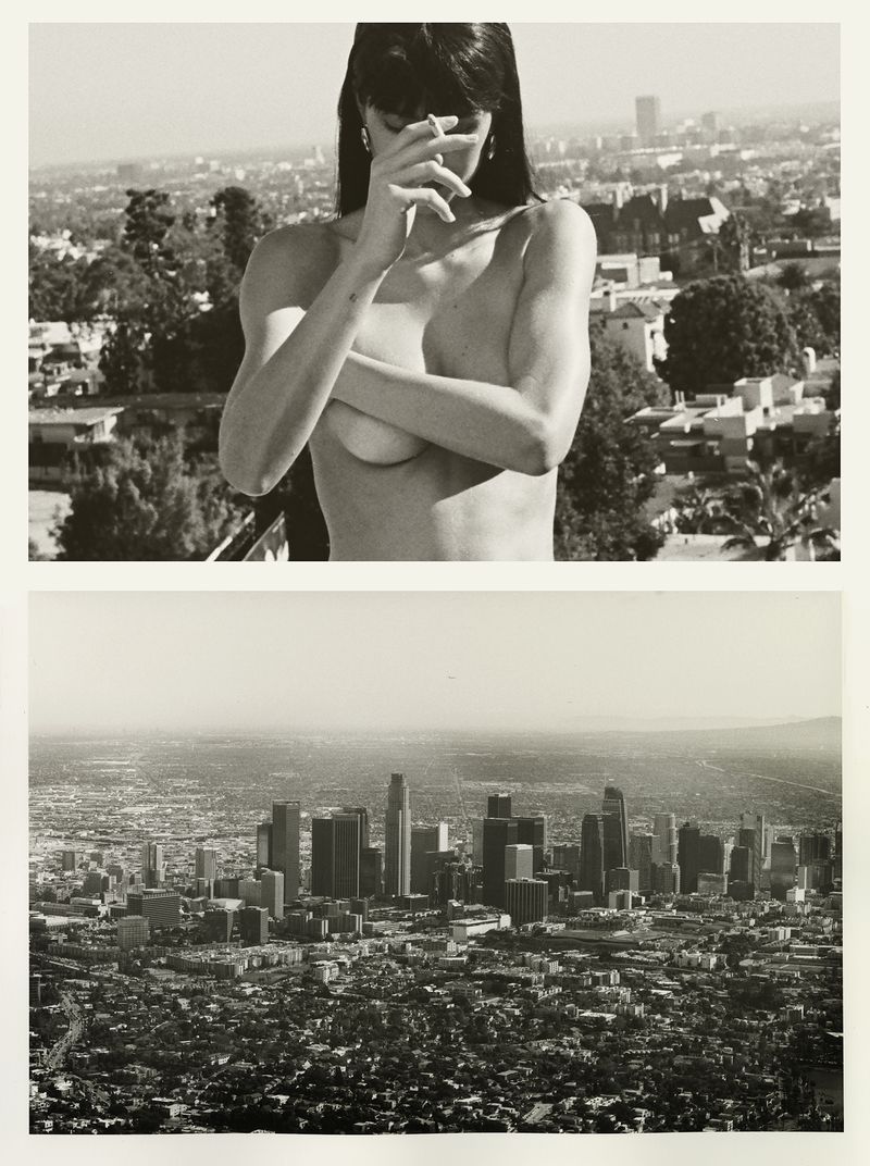 Black and white diptych featuring a nude woman with a cigarette against a cityscape, contrasted with an aerial view of a skyline.