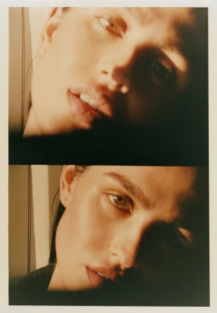 Close-up portrait of a woman's face in two separate panels, one above the other, showing her features with warm-toned lighting.