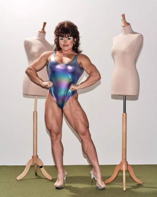 Muscular woman poses in iridescent swimsuit with two mannequins in a studio, highlighting fitness and fashion.