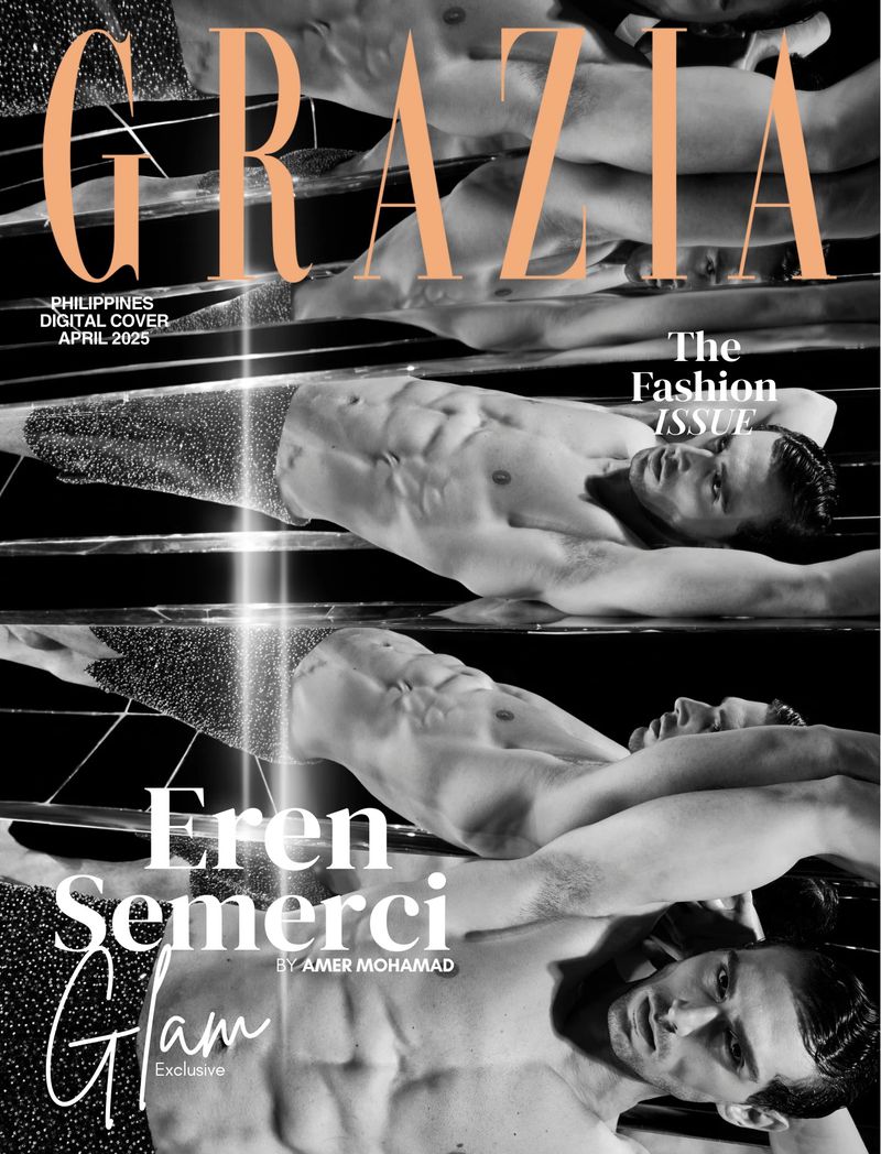 GRAZIA magazine cover featuring a shirtless male model Eren Semerci, April 2025, Philippines digital cover, black and white.